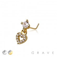 CZ HEART DANGLE CZ 316L SURGICAL STEEL L-SHAPE NOSE RING